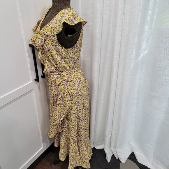 Max Studio Floral Ruffle Wrap Midi Dress High Low Hem Size Large - Picture 4 of 8